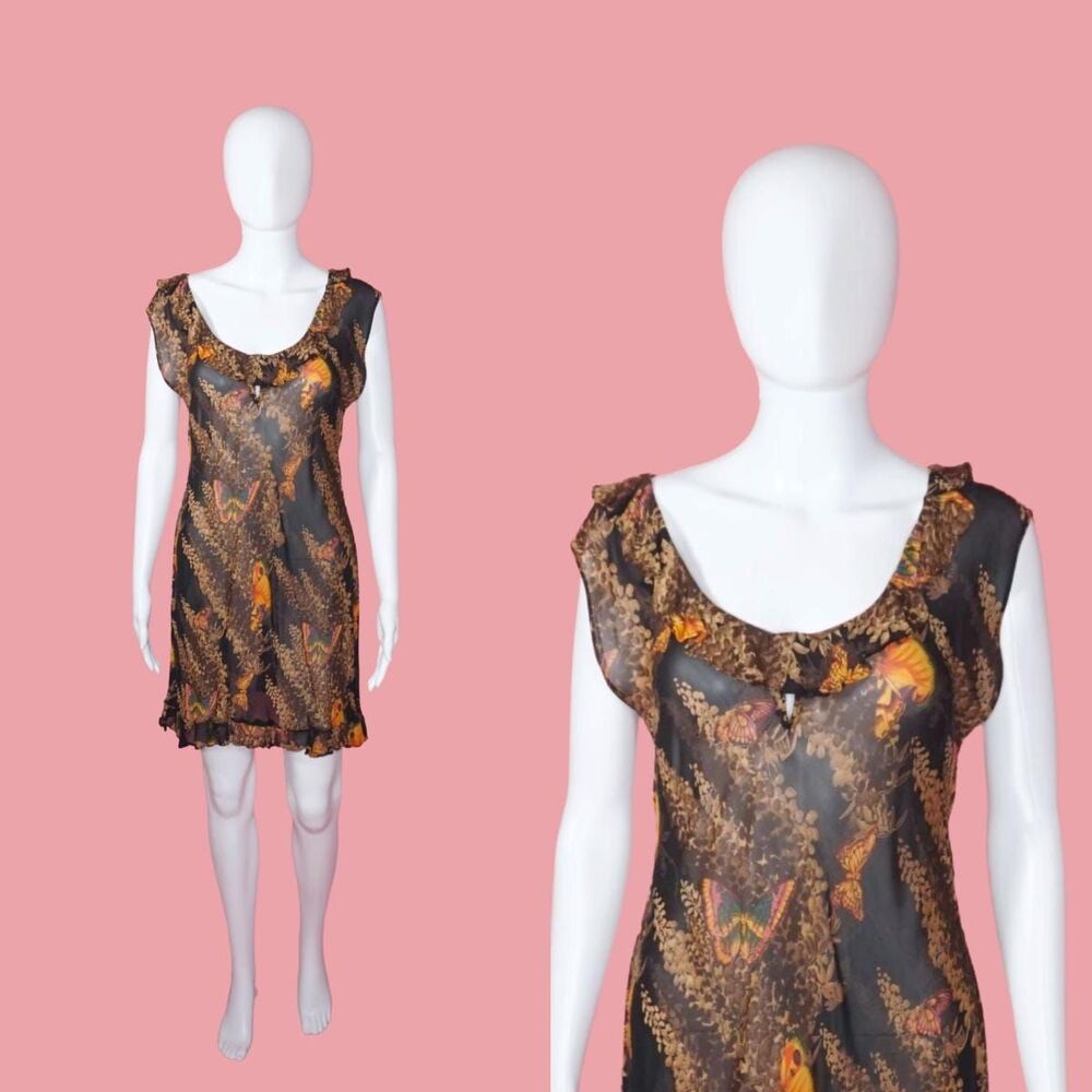 1990s BETSEY JOHNSON Semi Sheer Butterfly Dress W/Keyhole & Ruffles. S-M. AS IS